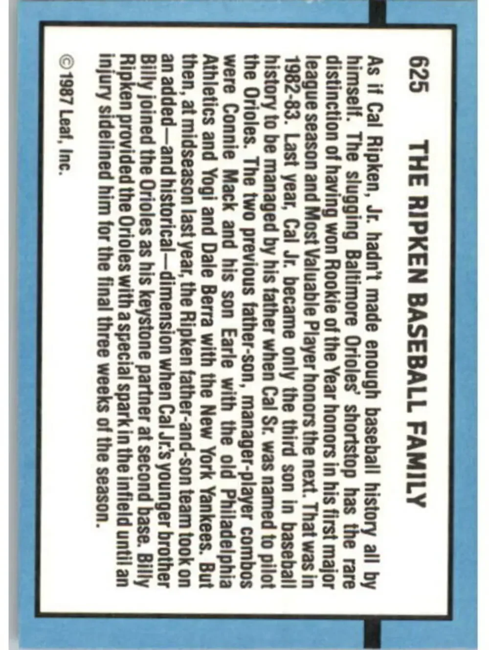 1988 The Ripken Family Donruss Baseball Card #625